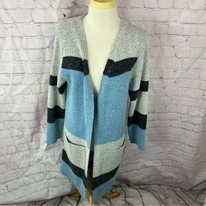 the look Stylish Blue Gray striped color block cardigan Sweater sz L